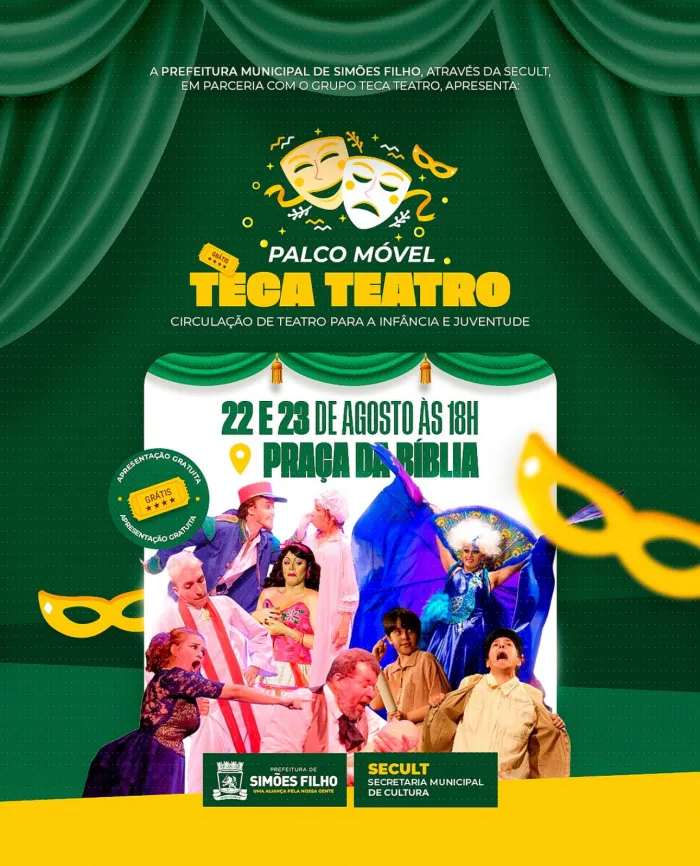Arte e diversão na Praça da Bíblia: Simões Filho recebe teatro gratuito para todas as idades