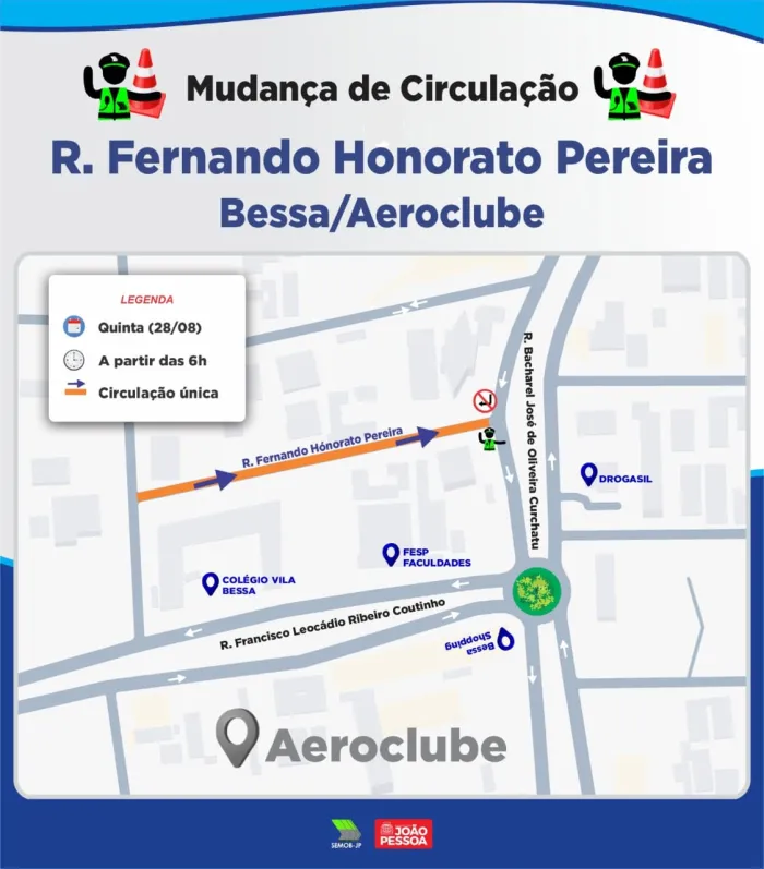 Semob-JP fará mudança no trânsito na Rua Fernando Honorato Pereira, no bairro do Bessa