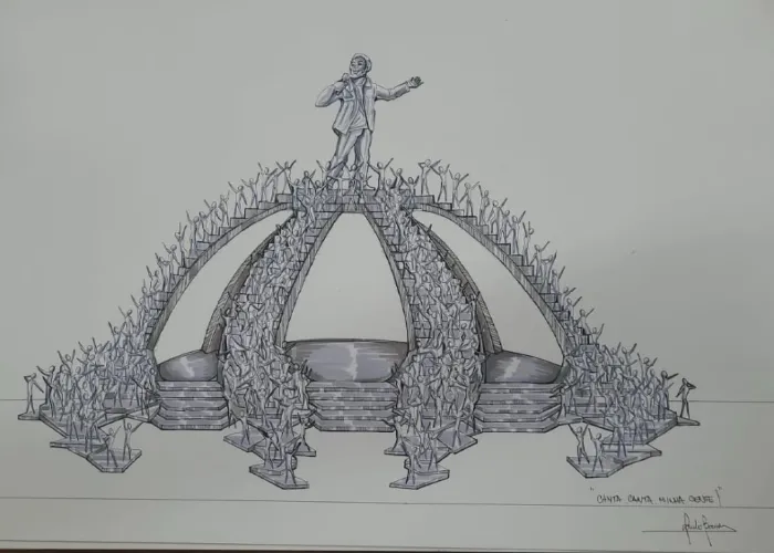 O protótipo da escultura: Martinho da Vila em cima de uma grande coroa, com mais de 14 metros de altura