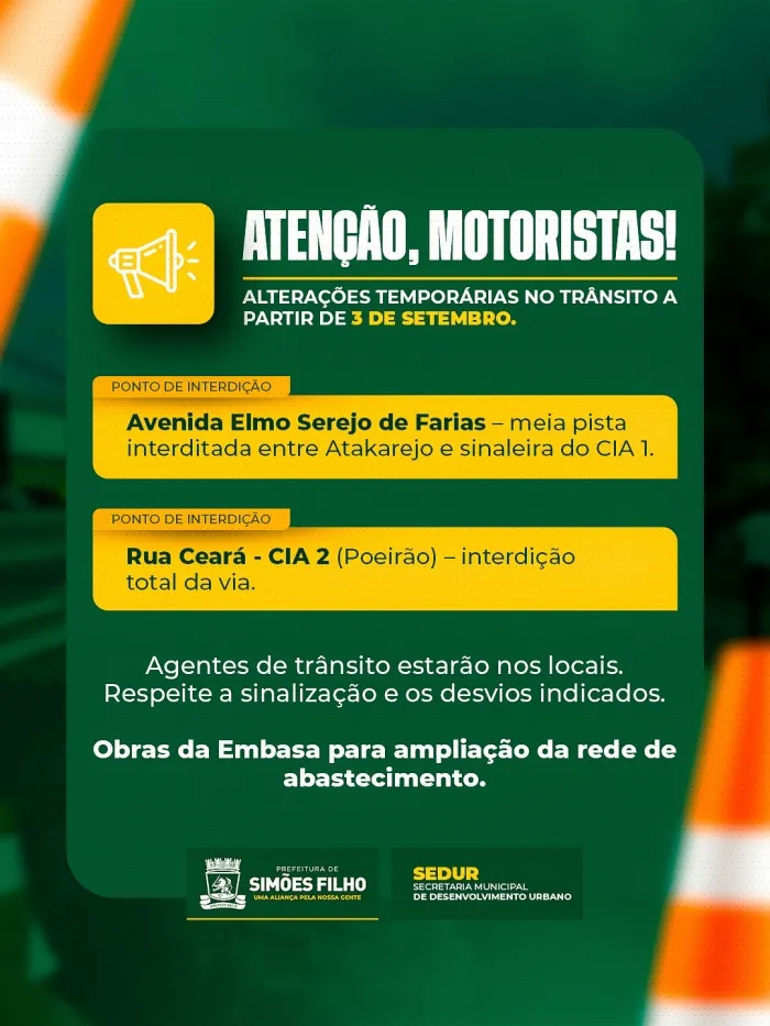 Prefeitura de Simões Filho comunica alterações no trânsito devido a obras da Embasa