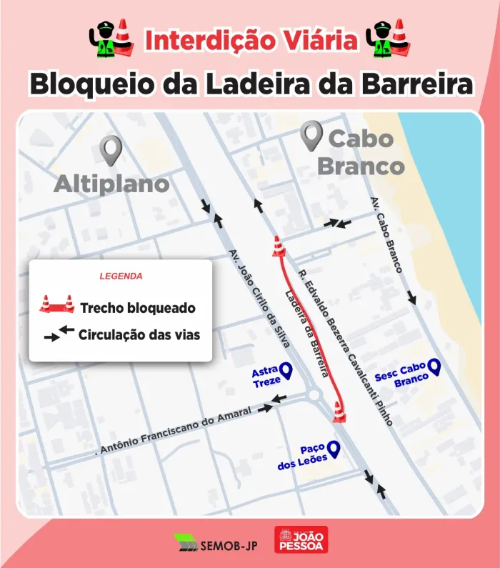Ladeira entre Altiplano e Cabo Branco segue interditada pela Semob-JP para avaliação técnica