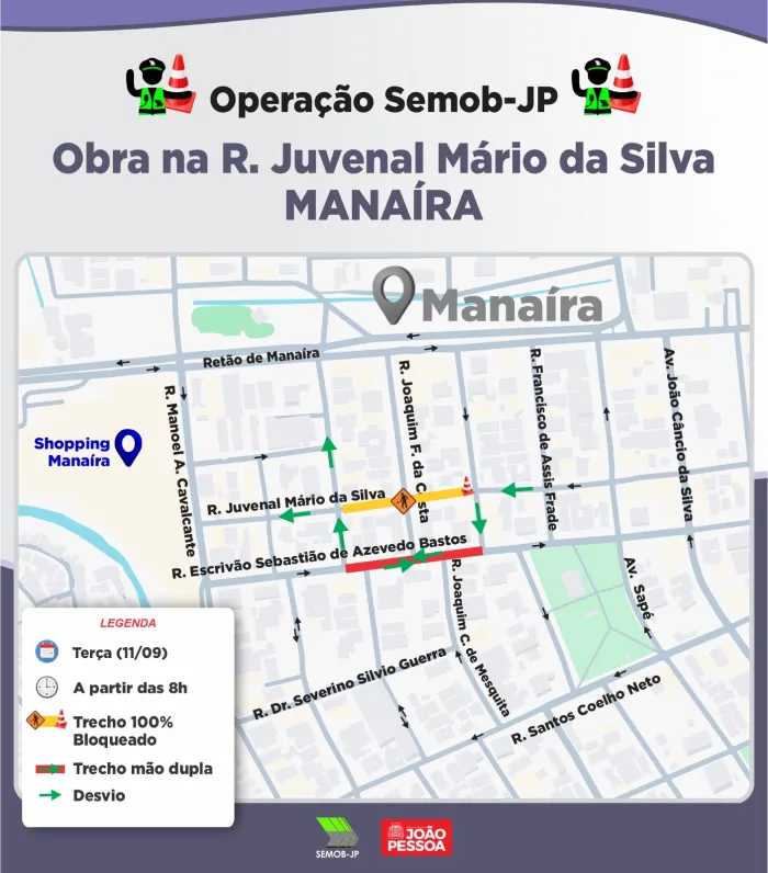 Semob-JP orienta desvios em Manaíra devido a obras de expansão da rede de esgotos da Cagepa