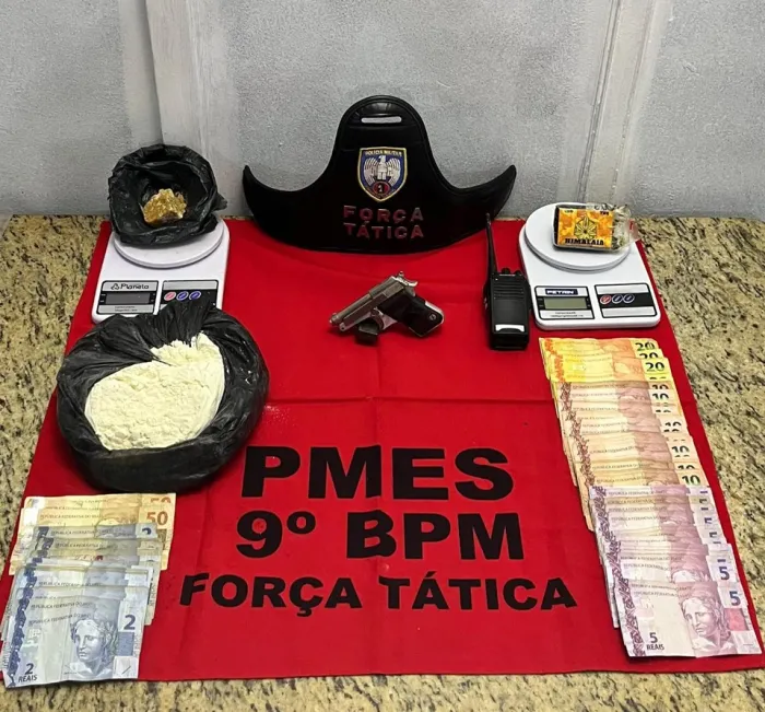 Força Tática do 9º BPM apreende drogas, arma de fogo e prende suspeito em Cachoeiro