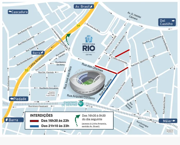 A partir das 16h30, haverá interdição ao trânsito de veículos na região. Arte: CET-Rio