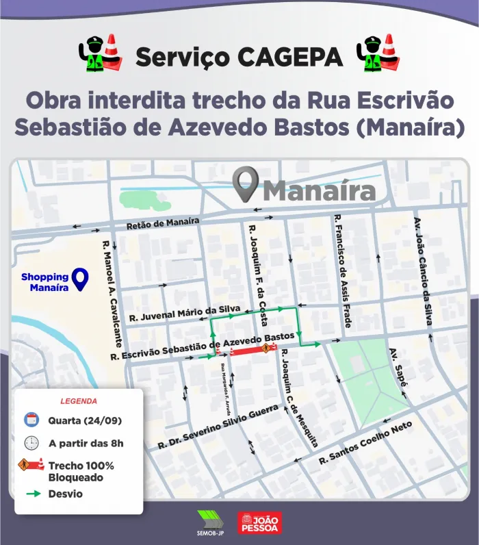 Semob-JP orienta motoristas sobre interdição em Manaíra para obras da Cagepa