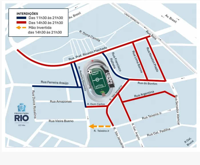 A partir das 11h30, haverá interdições ao trânsito de veículos na região. Arte: CET-Rio