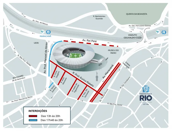 A partir das 13h, haverá interdições ao trânsito de veículos na região do estádio. Arte: CET-Rio