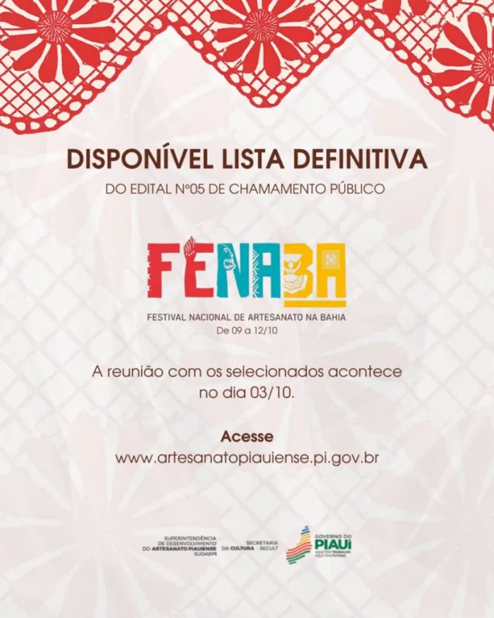 Sudarpi divulga lista definitiva de artesãos que representarão o Piauí em Feira na Bahia