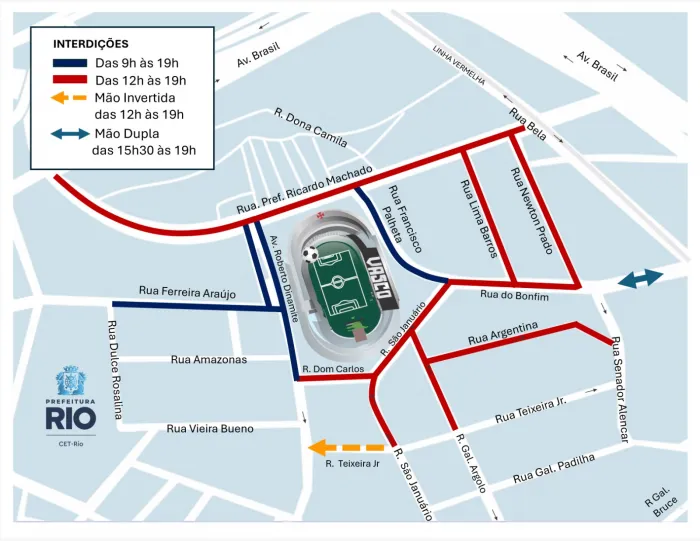 A partir das 9h, haverá interdições ao trânsito de veículos na região. Arte: CET-Rio