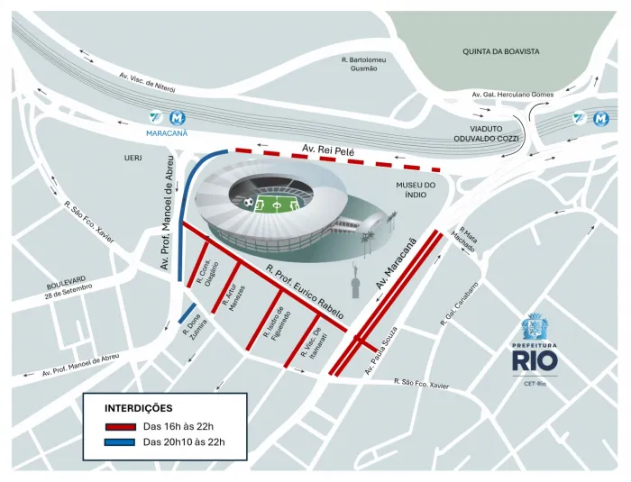 A partir das 16h, haverá interdições ao trânsito de veículos na região do estádio. Arte: CET-Rio