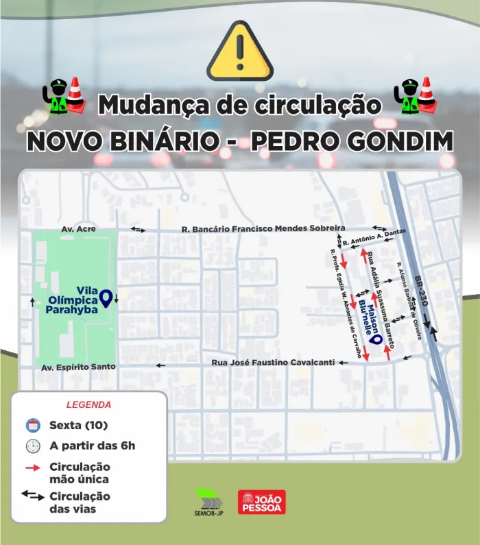 Semob-JP implanta mudança de circulação no bairro Pedro Gondim a partir desta sexta-feira