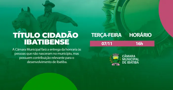 Câmara Municipal fará entrega de Título Cidadão Ibatibense no próximo dia 07 de novembro