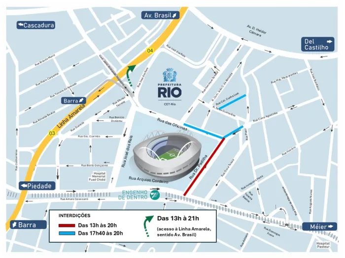 A partir das 13h, haverá interdição ao trânsito de veículos na região. Arte: CET-Rio