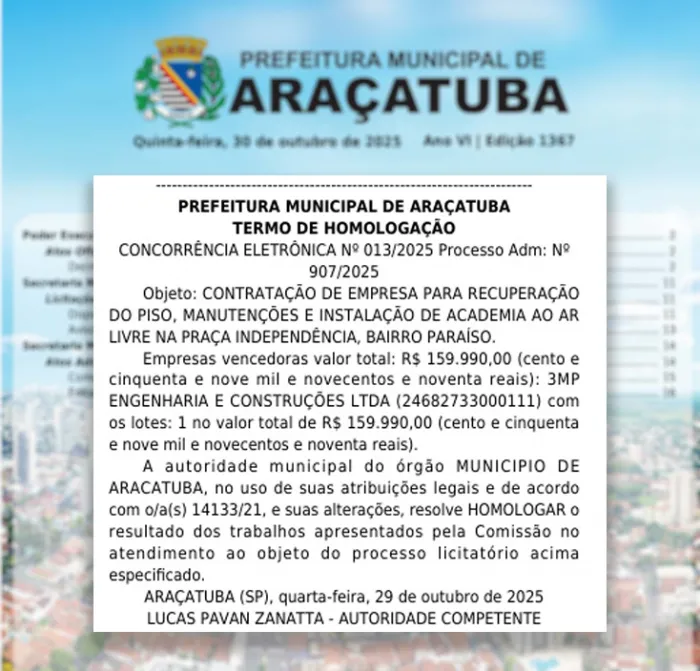 Prefeitura de Araçatuba homologa licitação para obras na Praça Independência