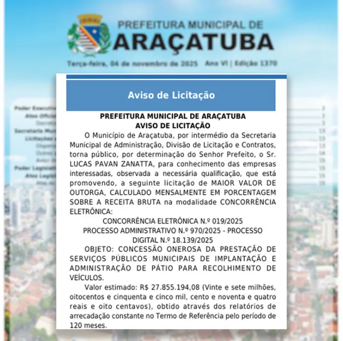 Aviso de licitação foi publicado nesta terça-feira (4) no Diário Oficial do Município