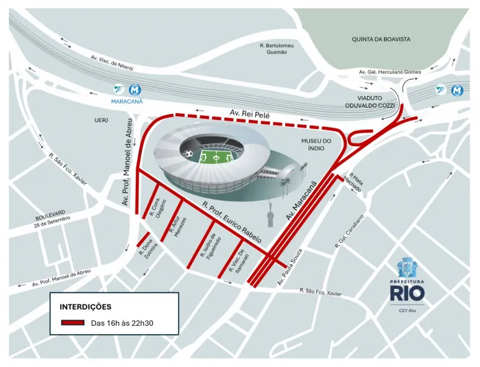 As interdições ao trânsito de veículos na região começam a partir das 16h. Arte: CET-Rio