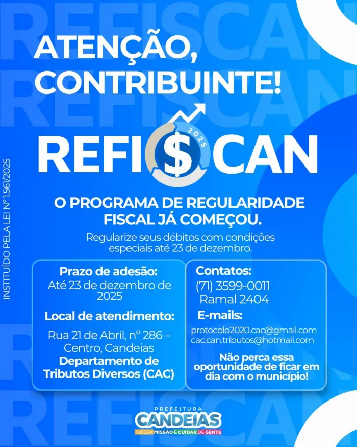 Candeias: Prefeitura abre prazo para adesão ao programa de regularidade fiscal; desconto pode chegar a 100%