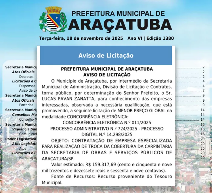 Araçatuba publica aviso de licitação para troca de cobertura da Secretaria de Obras