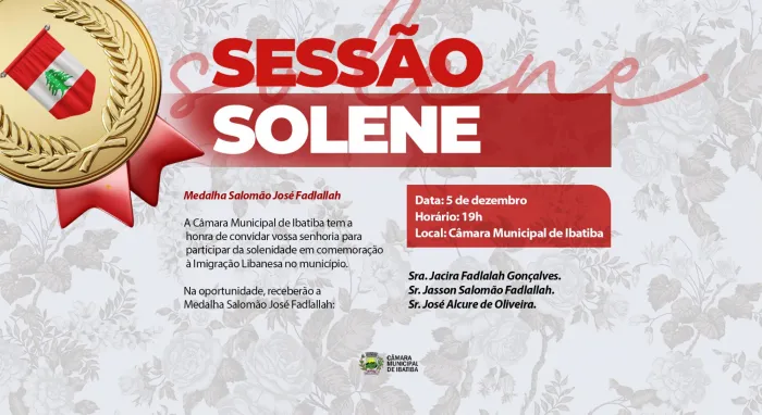 Sessão Solene da Medalha Salomão José Fadlallah acontece no próximo dia 05
