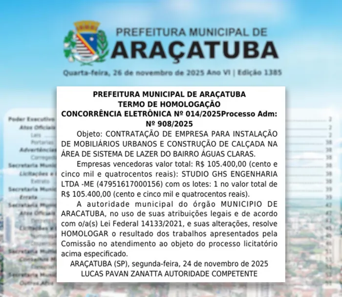 Prefeitura de Araçatuba homologa resultado da concorrência para melhorias no Águas Claras