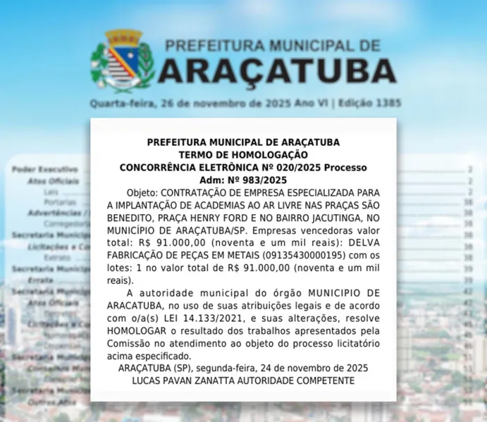 Prefeitura de Araçatuba publica homologação de contrato para implantação de academias ao ar livre