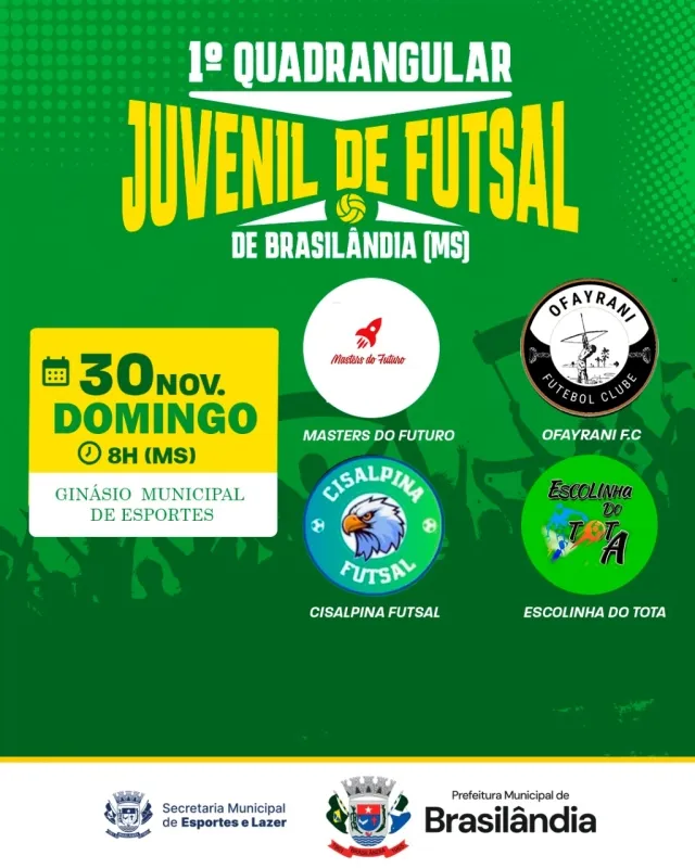 Brasilândia sedia primeiro Quadrangular Juvenil de Futsal neste domingo no Ginásio Municipal