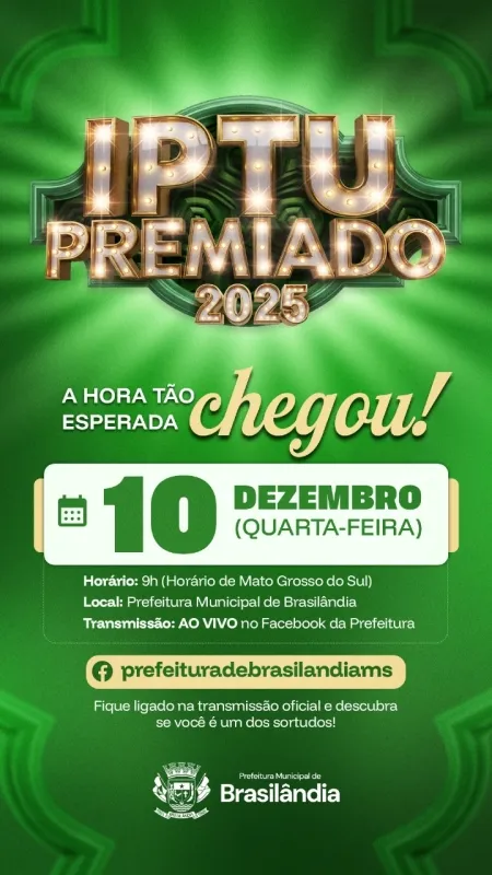 Sorteio do IPTU Premiado 2025 será transmitido ao vivo com presença da prefeita e secretário de Finanças