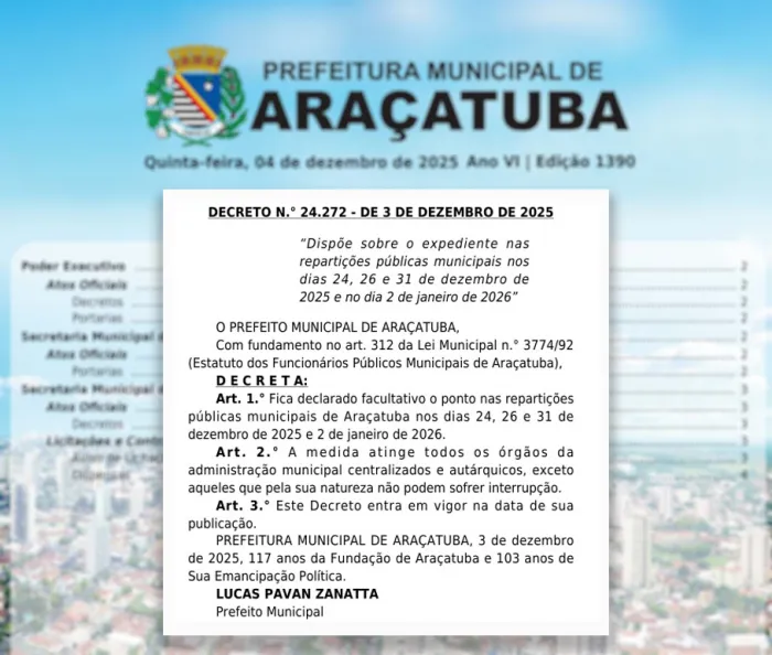 Prefeitura decreta ponto facultativo nos dias-ponte dos festejos de Natal e Ano-Novo
