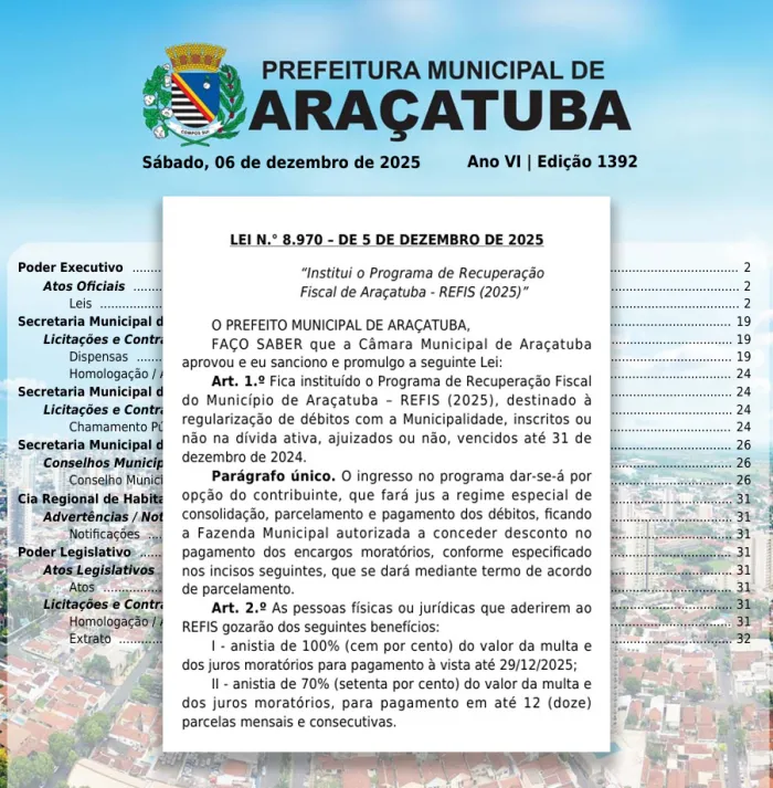 Prefeitura de Araçatuba abre Refis 2025 com descontos para quitação de débitos municipais