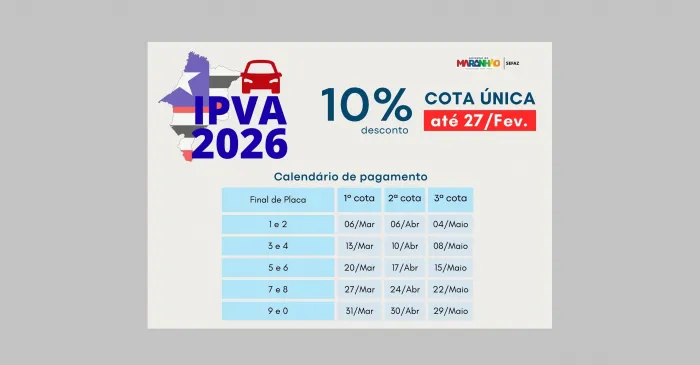 Sefaz-MA lança calendário do IPVA 2026 com desconto de 10% em cota única até 27 de fevereiro