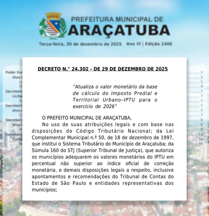 IPTU de 2026: veja datas de vencimento em Araçatuba