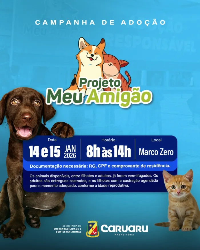 “Meu Amigão” movimenta o Marco Zero com adoção de animais nesta quarta (14) e quinta (15)