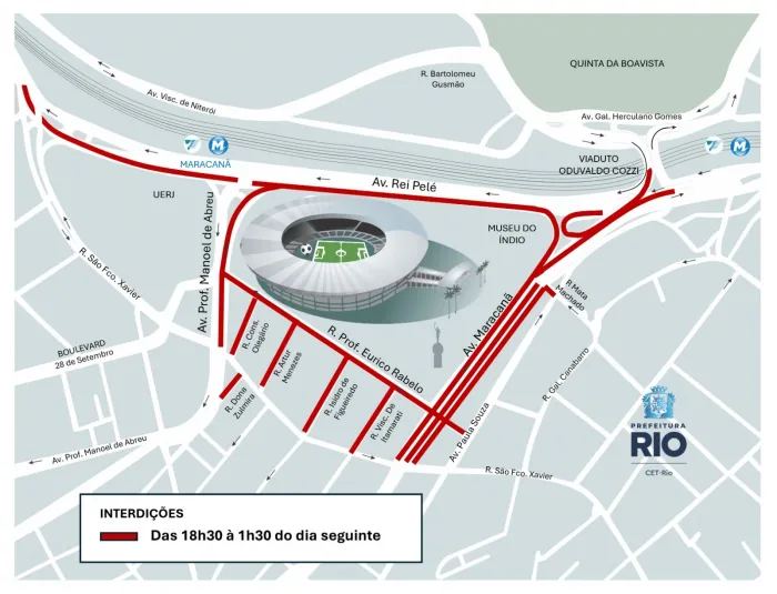 Interdições nas principais vias de acesso ao estádio começam às 18h30 e vão até as 1h30 de quinta-feira. Arte: CET-Rio