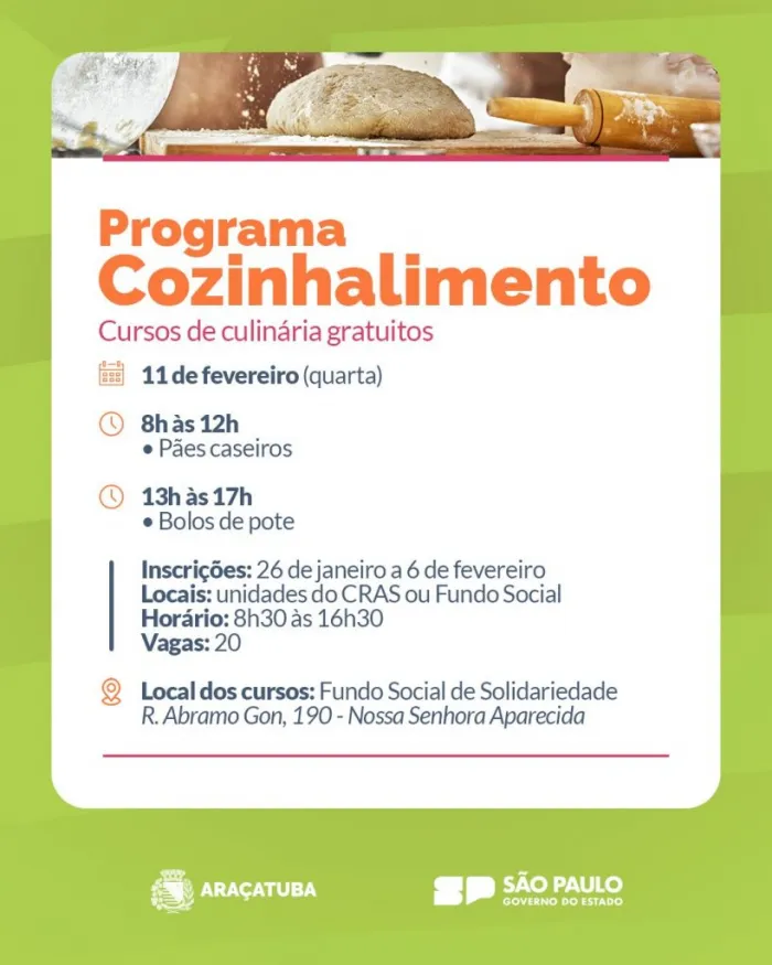 Inscrições para seis cursos do Programa Cozinhalimento vão até o dia 6 de fevereiro