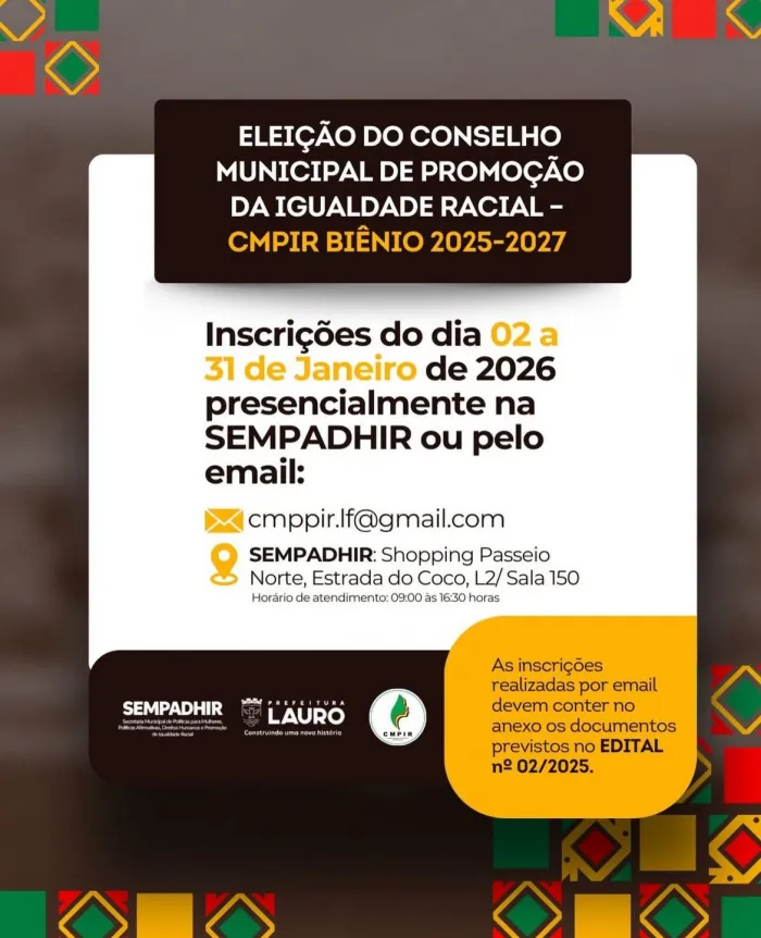 Inscrições para eleição do Conselho de Promoção da Igualdade Racial de Lauro de Freitas termina neste sábado (31)