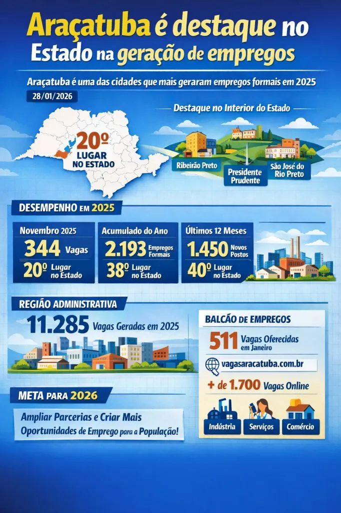 Araçatuba se destaca entre as cidades campeãs de emprego no Estado