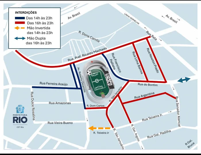 As interdições no entorno do estádio terão início às 14h e vão até as 23h