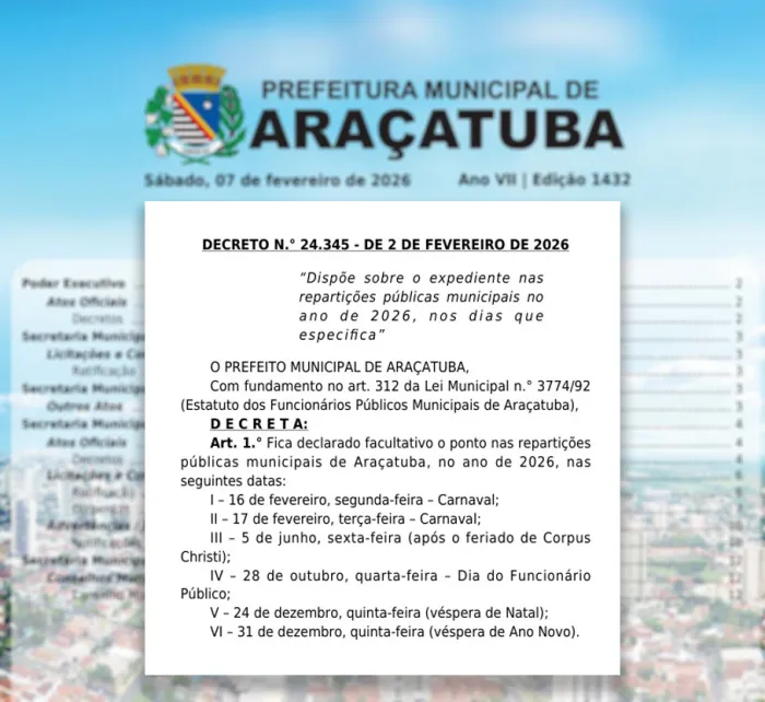 Diário Oficial traz decreto com os pontos facultativos para os servidores municipais de Araçatuba em 2026