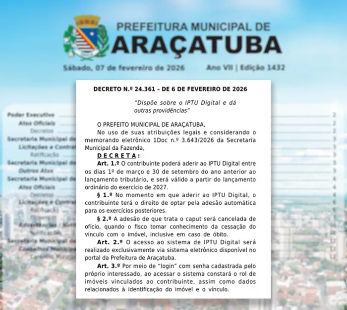 Prefeitura de Araçatuba institui IPTU Digital e abre adesão a partir de 1º de março