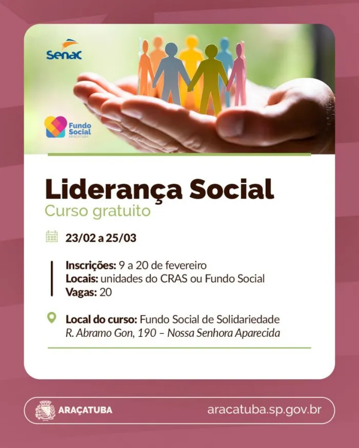 Fundo Social de Araçatuba abre inscrições para três em cursos gratuitos em parceria com o Senac