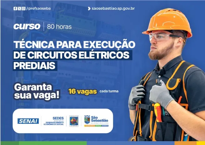 Prefeitura de São Sebastião em parceria com o SENAI abre inscrições para curso de Circuitos Elétricos Prediais