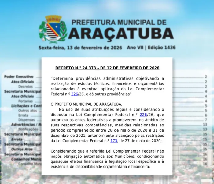 Prefeitura de Araçatuba publica decreto sobre a Lei do Descongela