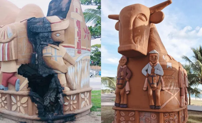 Ação dos vândalos danificou uma das lateris da obra de arte - 