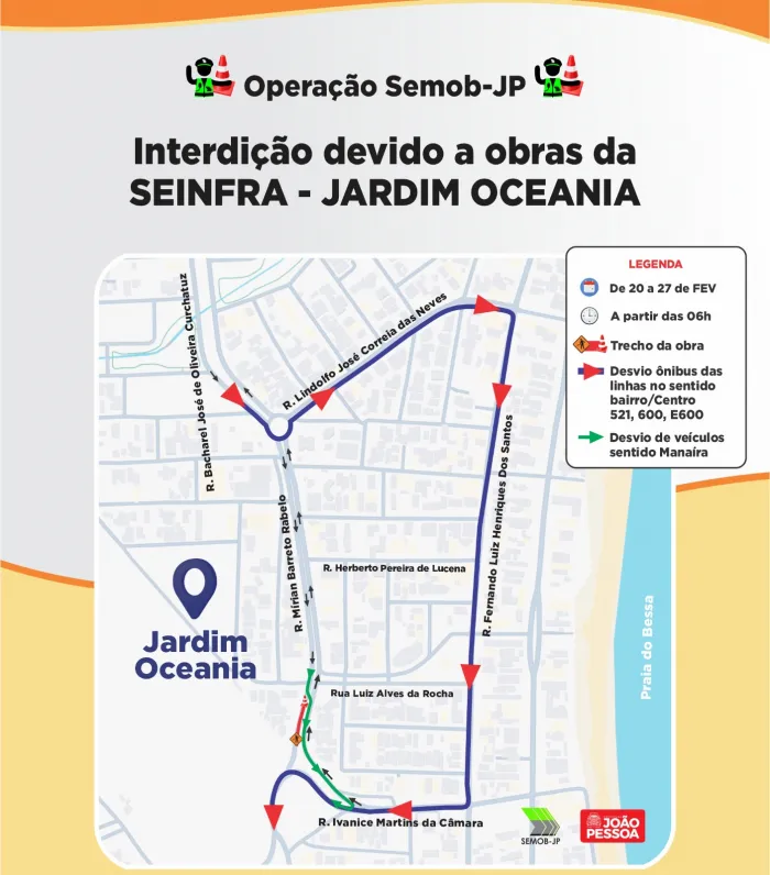 Semob-JP realiza interdição temporária na Rua Mirian Barreto para serviços da Seinfra