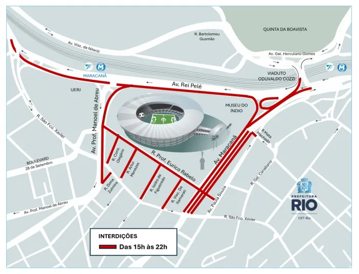 Principais acessos ao estádio serão interditados das 15h às 22h neste domingo (01/03). Arte: CET-Rio