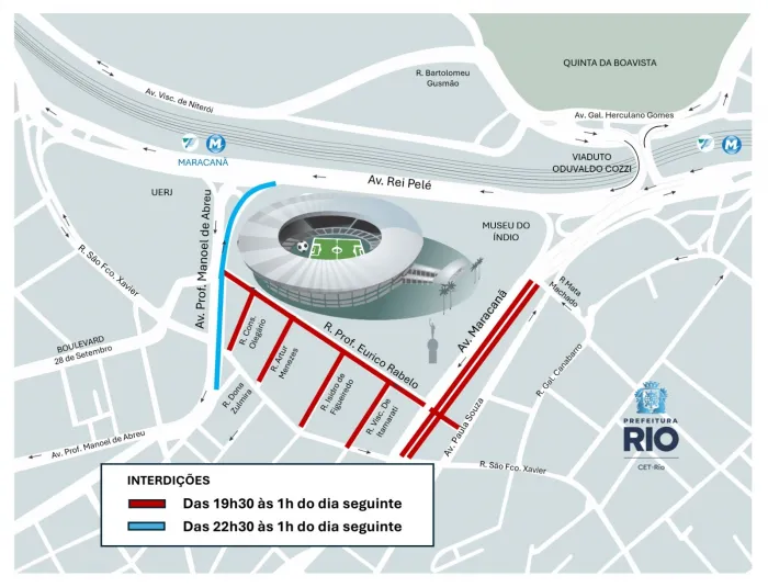 Esquema da CET-Rio contará com interdições no entorno do estádio das 19h30 de segunda até 1h de terça. Arte: CET-Rio