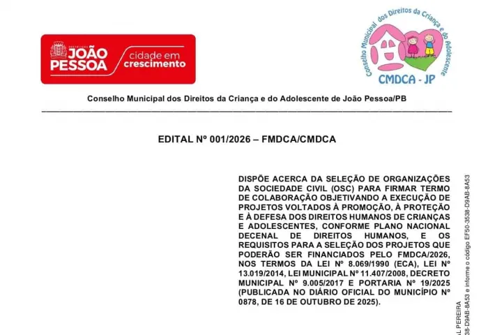 CMDCA-JP inicia inscrições de edital para financiamento de projetos sociais a partir do dia 23