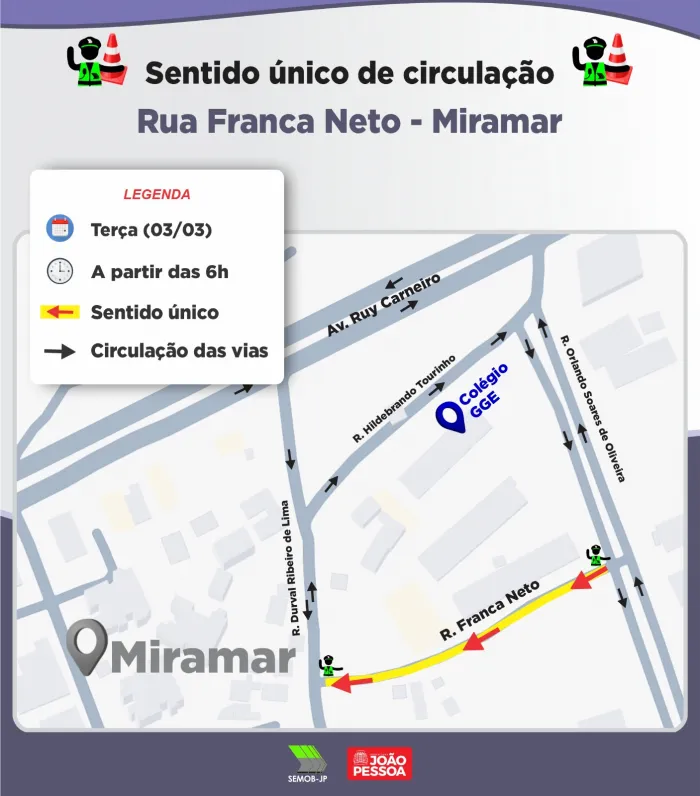 Semob-JP modifica circulação em ruas dos bairros Altiplano Cabo Branco e Miramar 