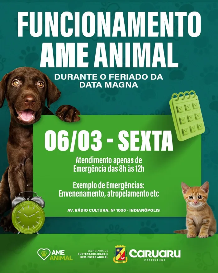 Novo AME Animal informa funcionamento no feriado da Carta Magna de Pernambuco
