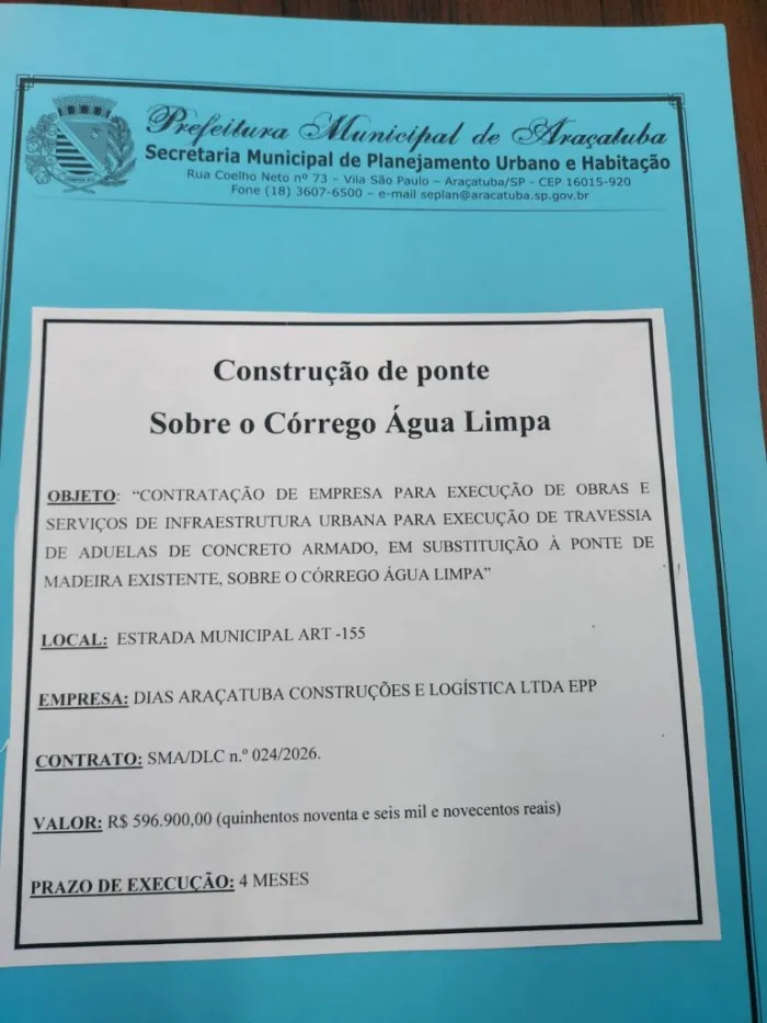 Ponte vai beneficiar produtores e moradores do bairro rural Água Limpa em Araçatuba